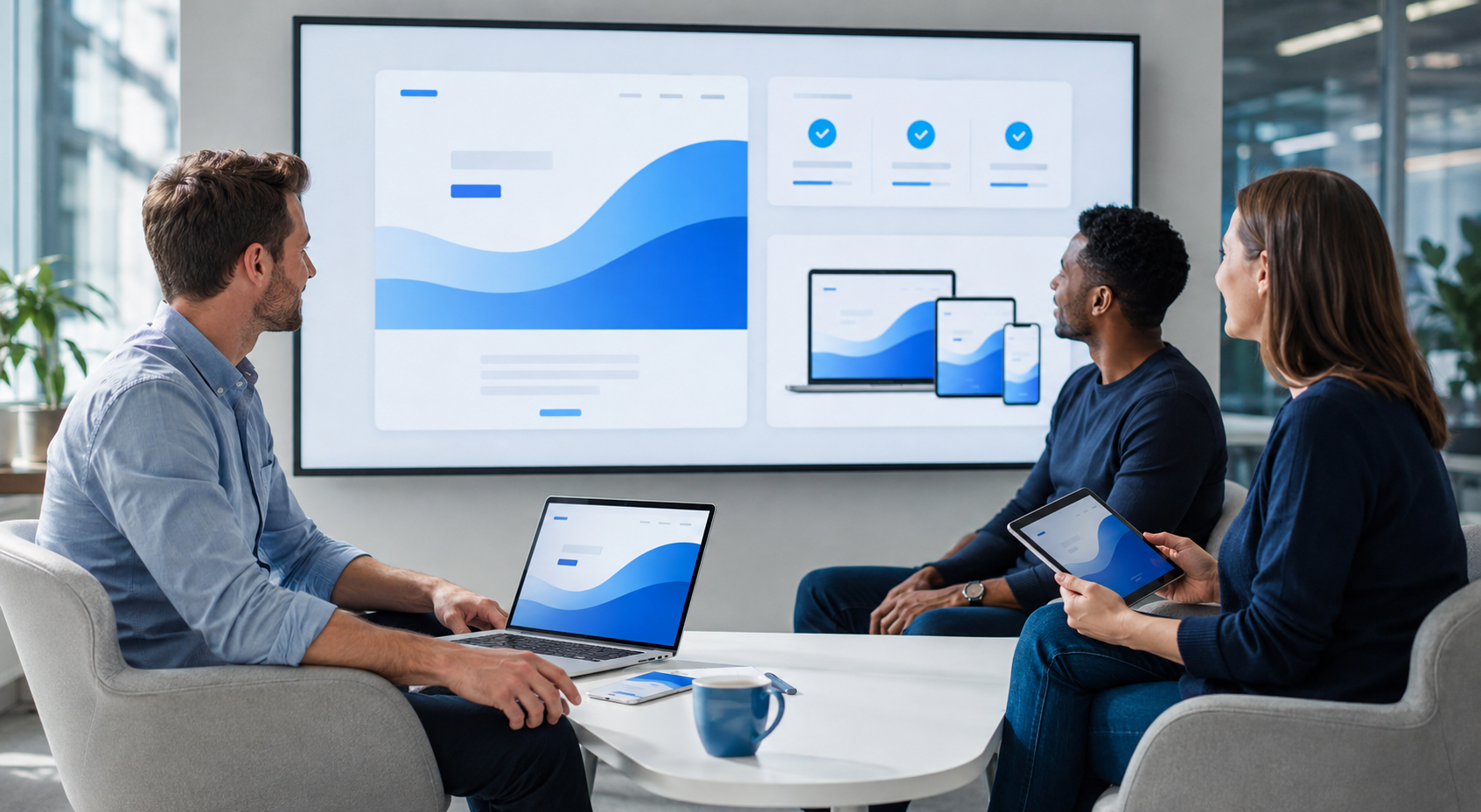 JazzWeb team reviewing a successful responsive website launch