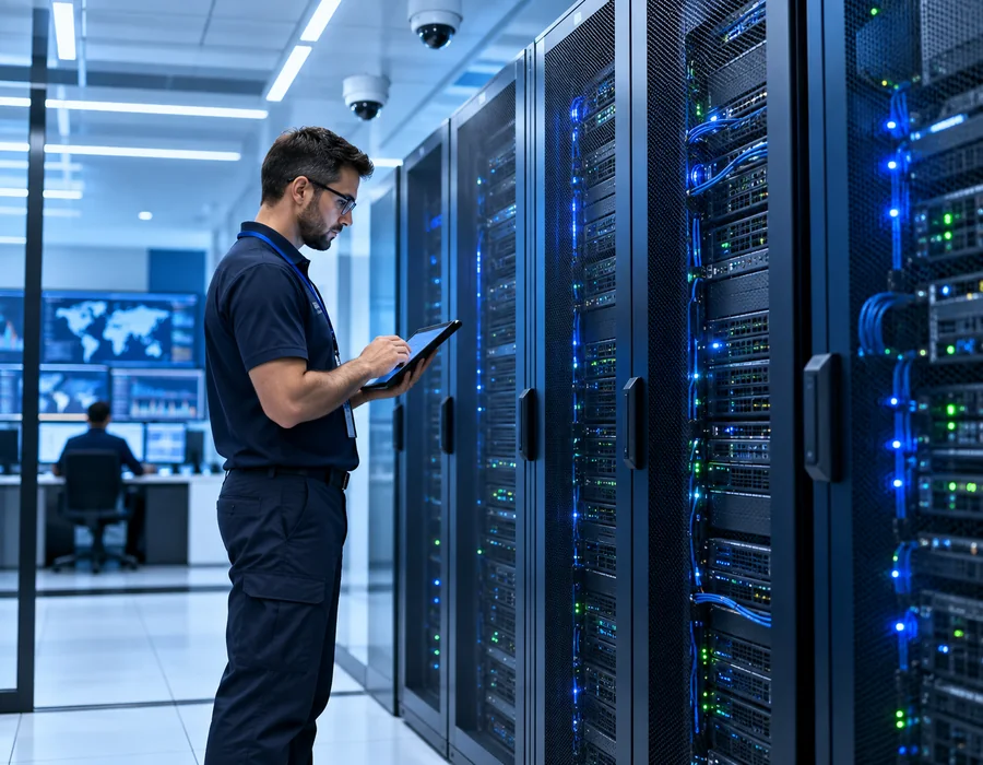 Ingeniero inspeccionando infraestructura de alojamiento segura y confiable